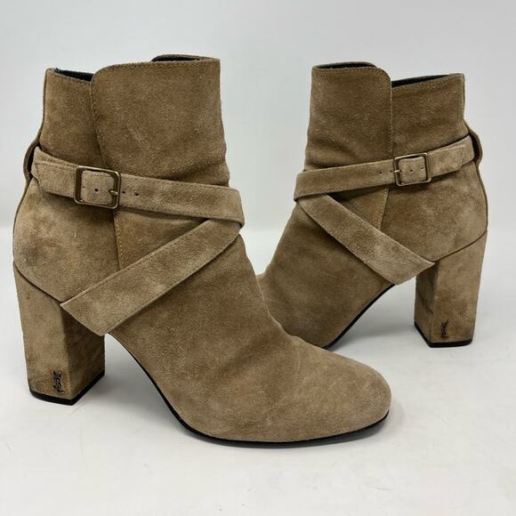 Yves Saint Laurent Shoes - Saint Laurent Babies 90 Cross Ankle Boot Tan /Taupe Suede Block Heel YSL logo 37